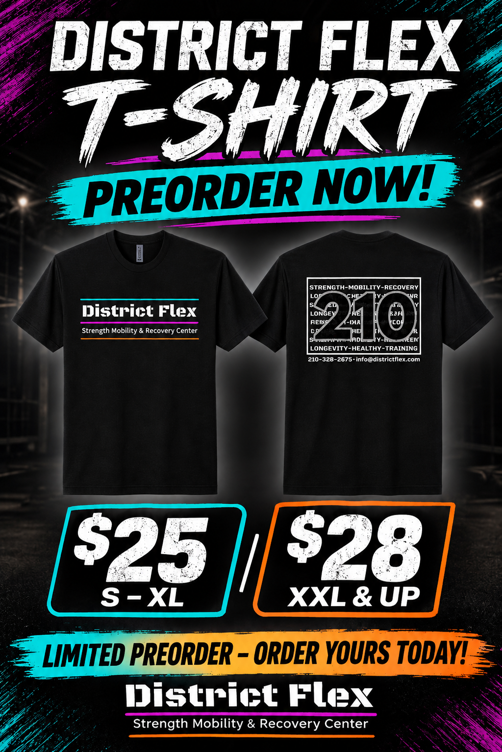 District Flex black T-shirt, front and back, preorder flyer